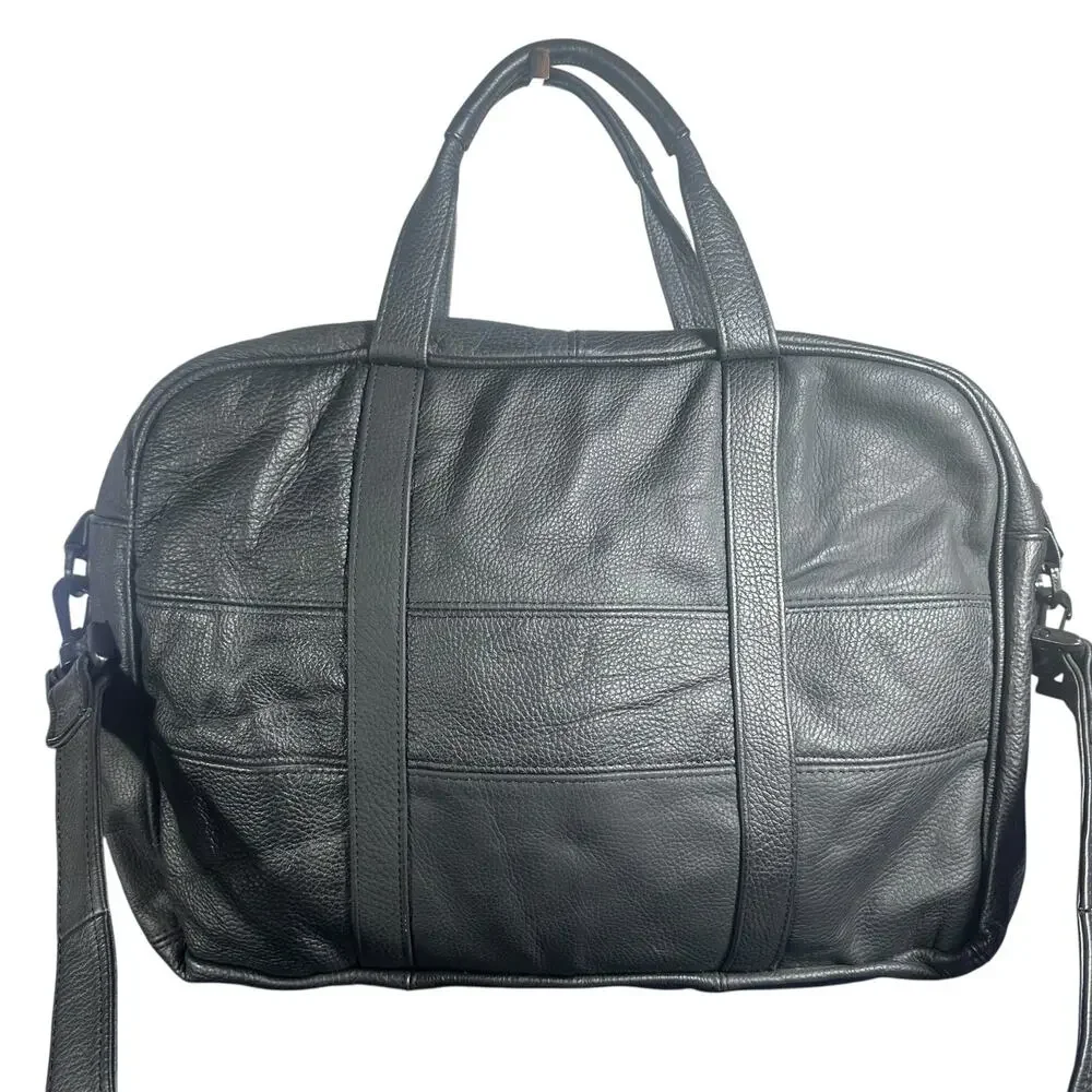Caroll Black Leather Briefcase Laptop Work Bag with Shoulder Strap